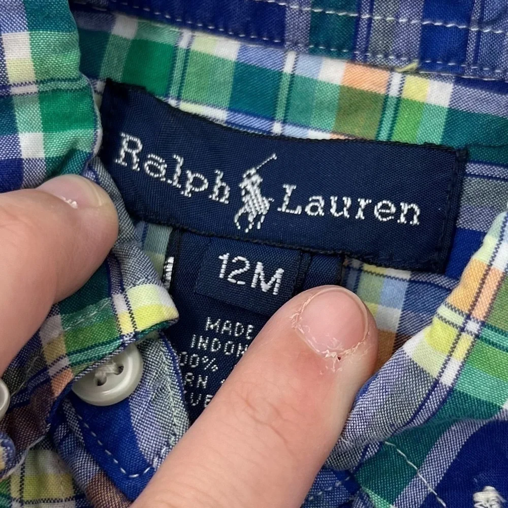 Ralph Lauren Kids Baby Blue and Orange Striped Button Down Long Sleeve Shirt Top